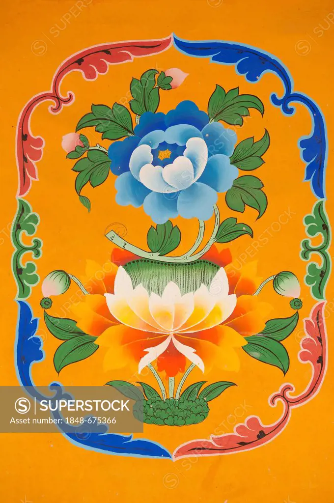 Tibetan Buddhism, mural painting, emblem, blue blossom above a lotus blossom, Jokhang Temple, Lhasa, Ue-Tsang, Central Tibet, Tibet Autonomous Region,...