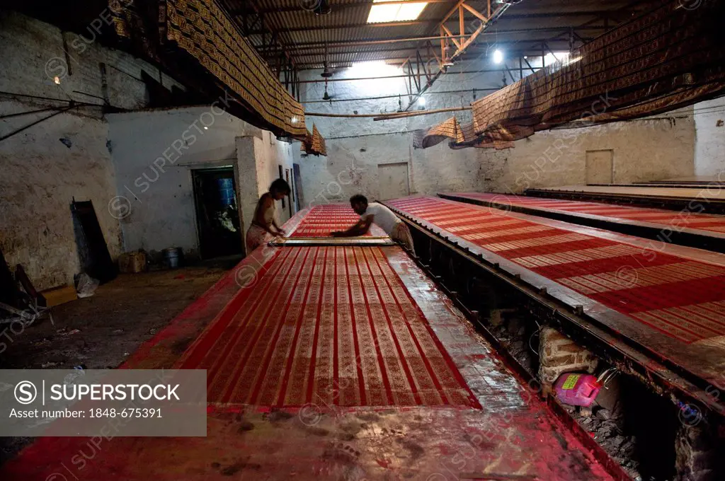 Dyeing of previously printed fabric, Sanganer dyeing centre near Jaipur, Rajasthan, India, Asia