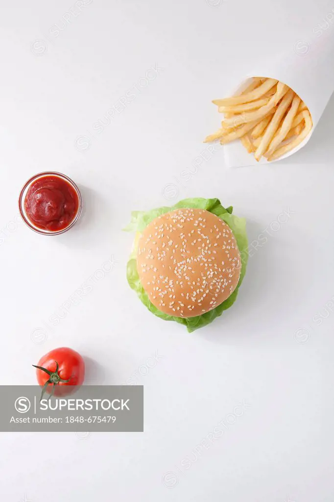 Fast food, burger, fries, ketchup, tomato