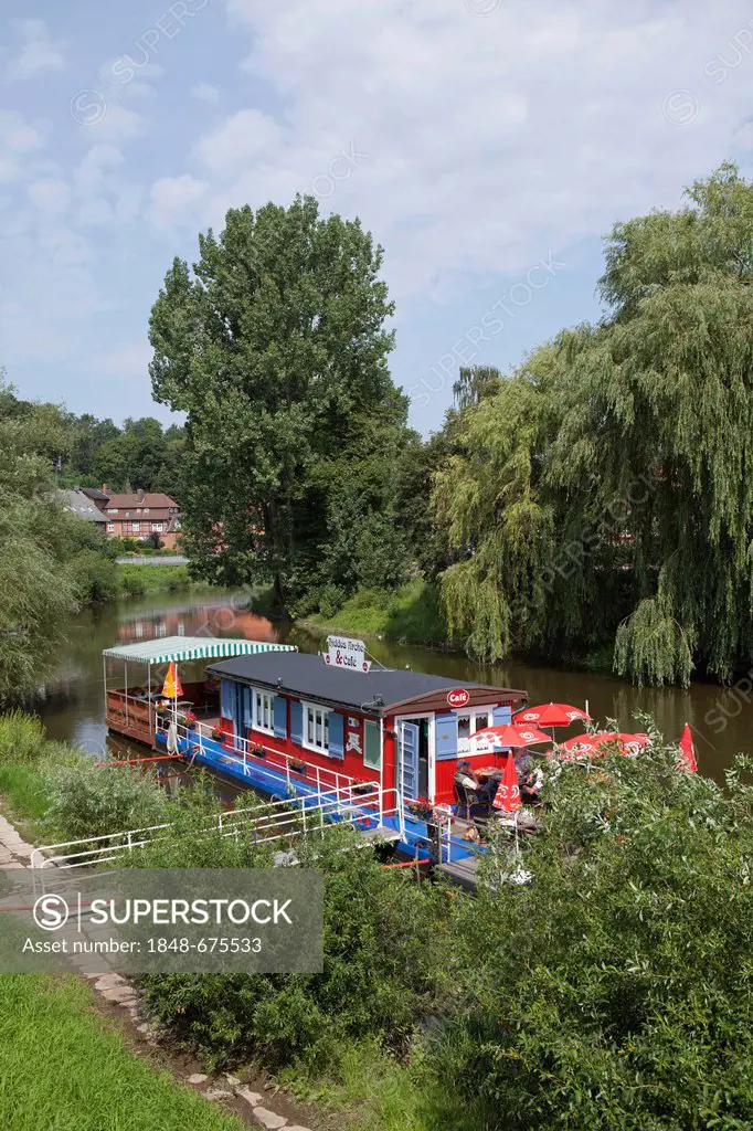 House boat café, Jeetzel, Hitzacker, Lower Saxony, Germany, Europe, PublicGround