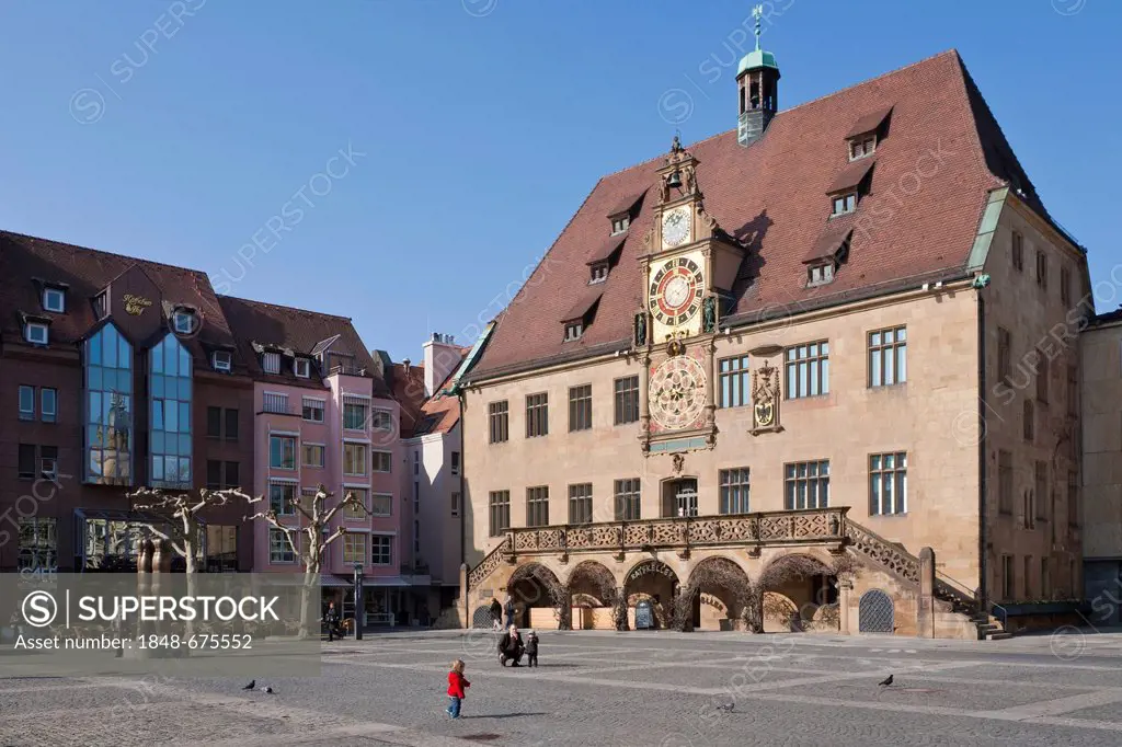 Town hall with astronomical clock, market square, Heilbronn, Baden-Wuerttemberg, Germany, Europe