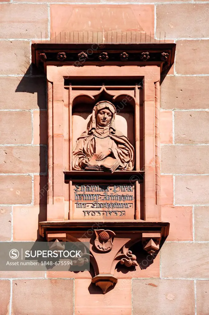 Relief of abbess Caritas Pirckheimer, 1503-1532, on a town house, Luitpoldstrasse street, Nuremberg, Middle Franconia, Germany, Europe