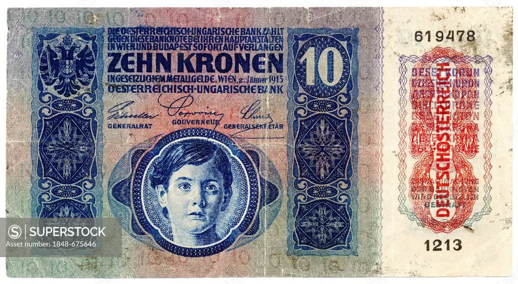 Historic banknote, Austria, German Empire, Republic of German Austria, Austro-Hungarian Bank, German lettering on the front side, 10 koronas, 10 krone...