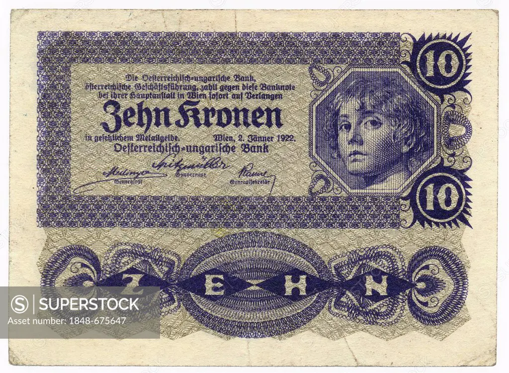 Historic banknote, Austria, Austro-Hungarian Bank, 10 koronas, 10 kronen, 1922