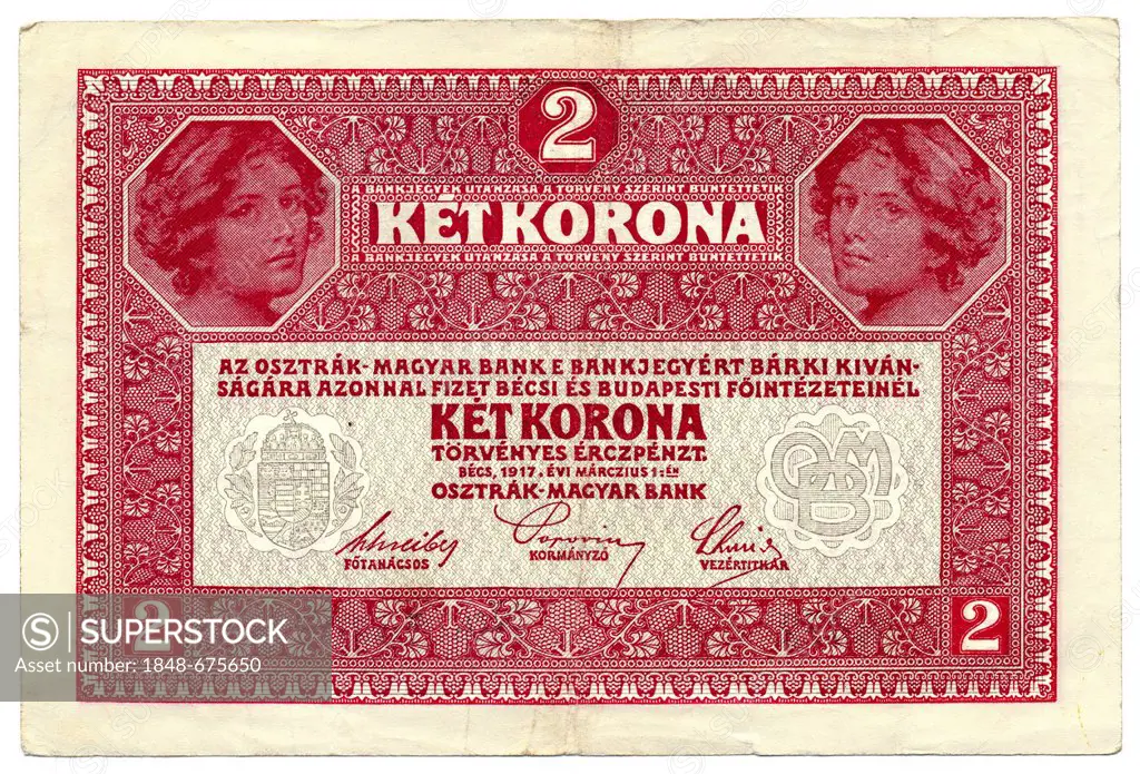 Historic banknote, Austria, German Empire, Republic of German Austria, Austro-Hungarian bank, back side with Hungarian lettering, 2 koronas, 2 kronen,...