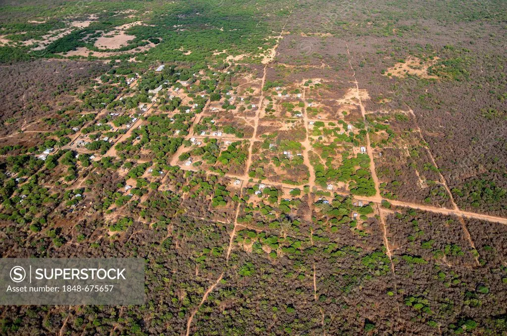 Aerial view of the indigenous community of Carbonzito, Gran Chaco, Salta Province, Argentina, South America