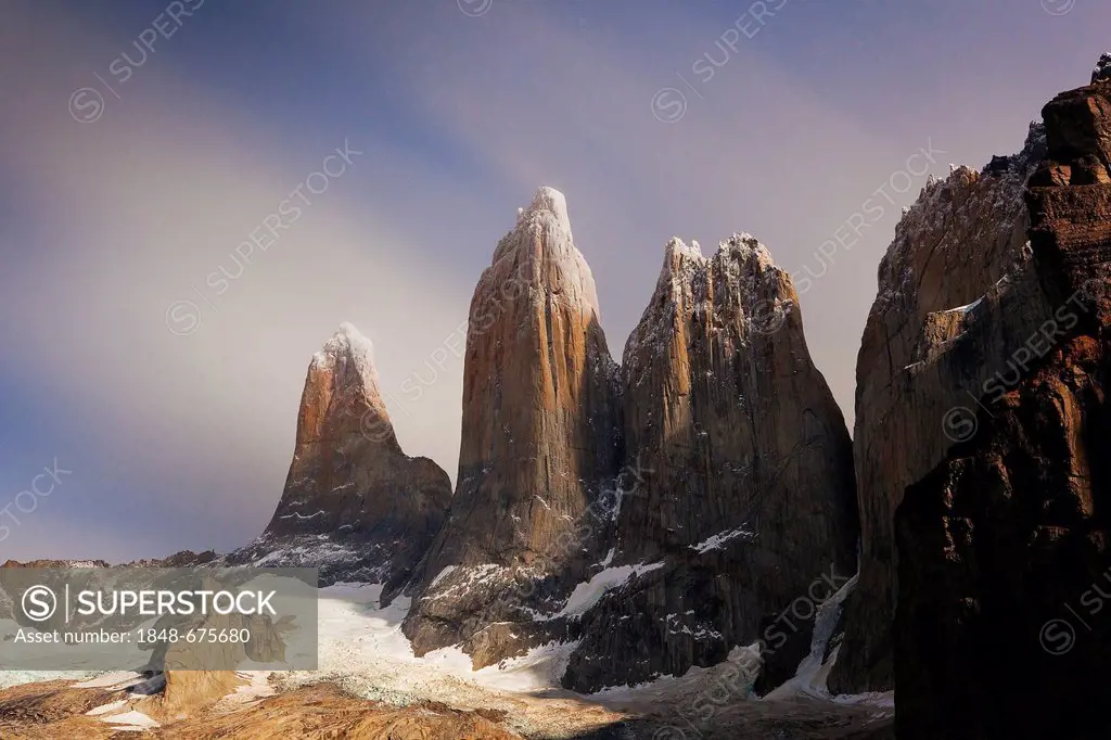 Moonlight over the Torres del Paine, Torres del Paine National Park, Patagonia, Chile, South America
