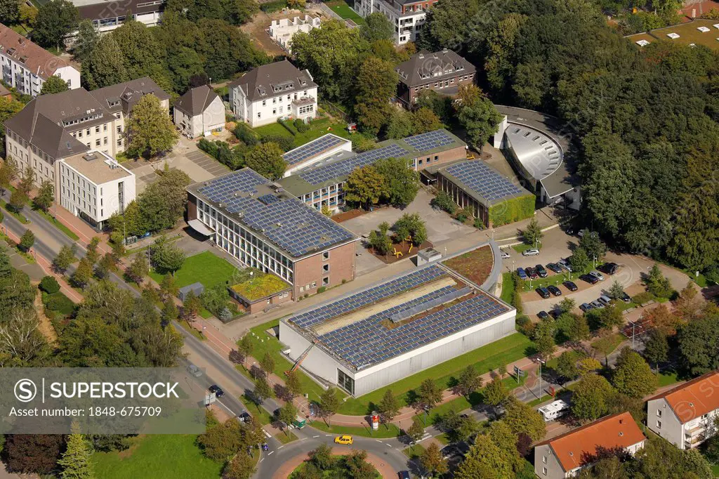 Aerial view, solar panels on roofs, Riesener Gymnasium, grammar school, Gladbeck, Ruhr Area, North Rhine-Westphalia, Germany, Europe