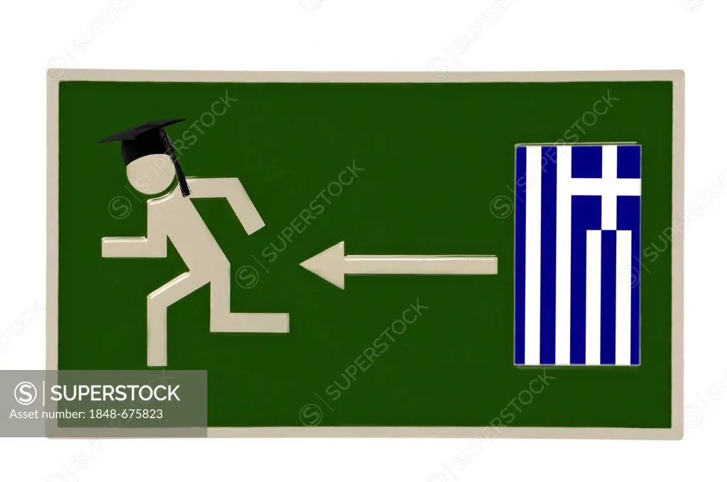 Escape sign, pictogram of a person wearing a graduation cap fleeing from a door with the Greek flag, symbolic image of academics fleeing from Greece