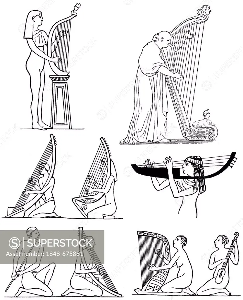 Historical drawing, musicians of antiquity, ancient Greek harps and flutes