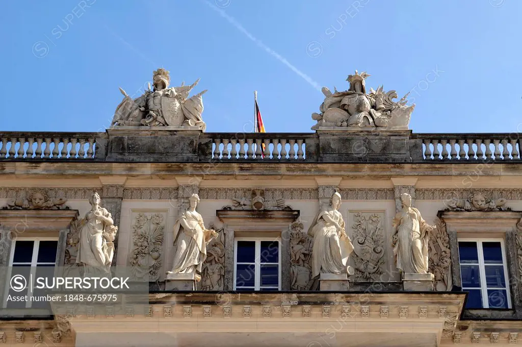 Sculptures on the west facade of Herrenchiemsee Palace, Herreninsel island, Bavaria, Germany, Europe