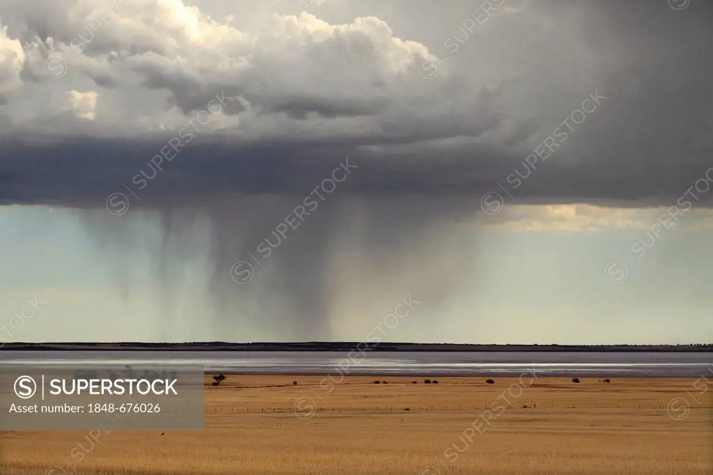 Storm over farmland and Yarra Yarra Lake, Carnamah, Western Australia, Australia