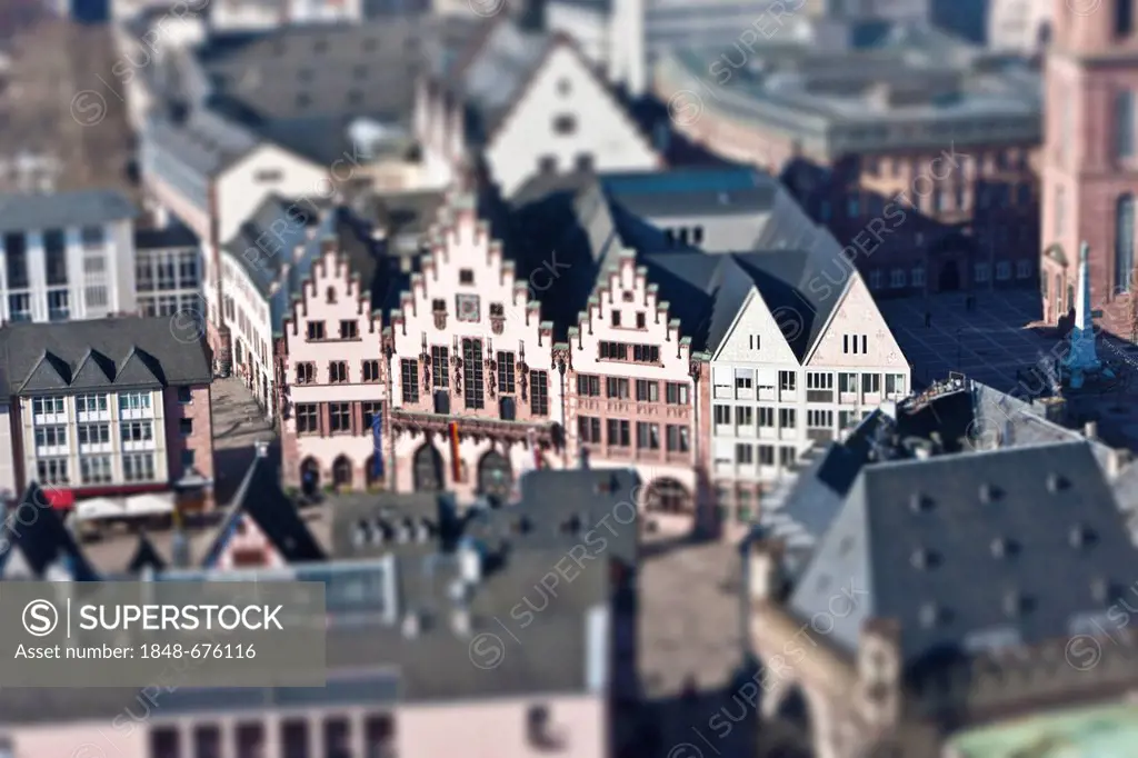 View of the Roemer town hall, miniature view, tilt-shift effect, reduced depth of field, Frankfurt am Main, Hesse, Germany, Europe