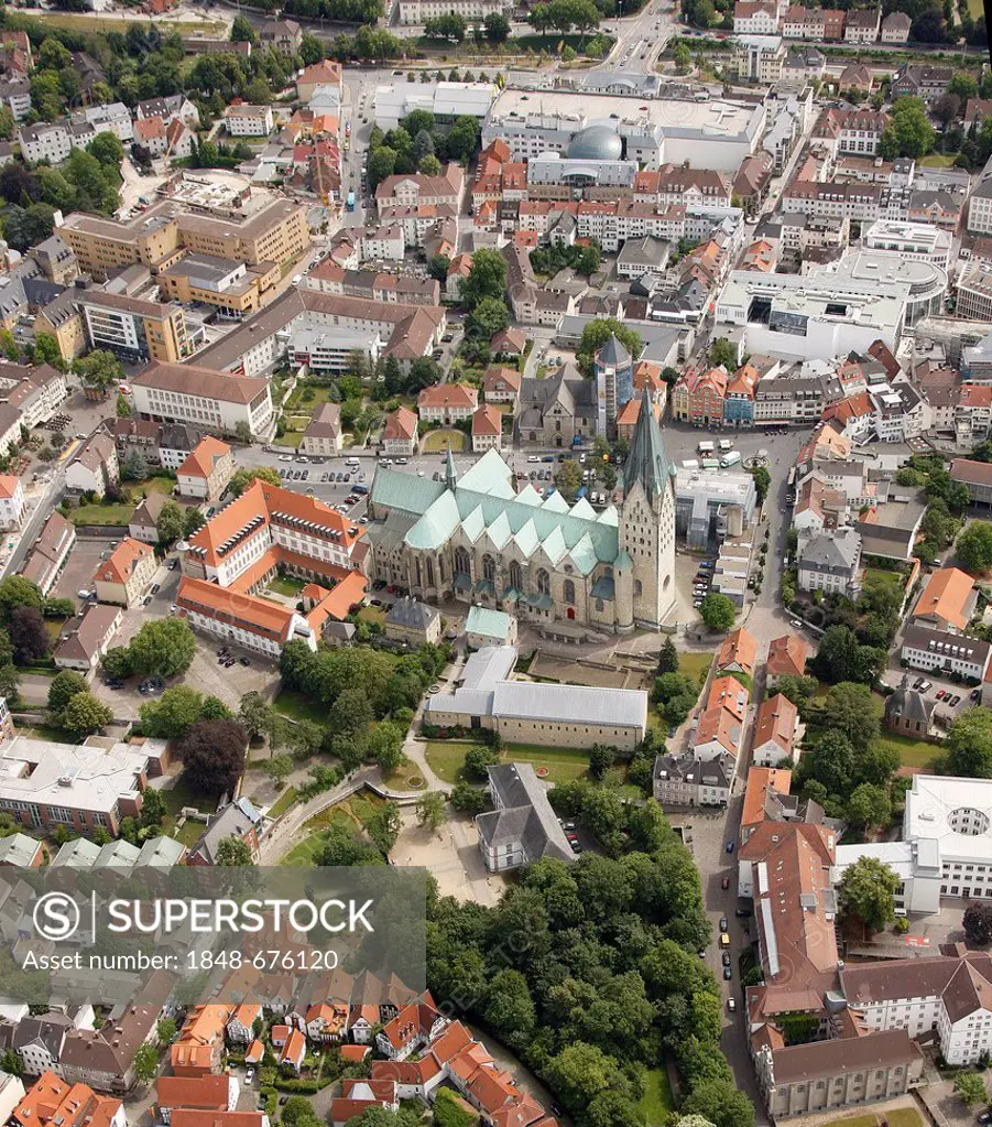 Aerial view, Paderborn Cathedral and Gaukirche Sankt Ulrich church, municipal park with the Pader springs, Paderborn, Westphalia, North Rhine-Westphal...