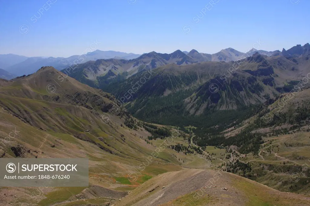 View from the Col de la Bonette mountain pass, highest paved road in Europe, Alpes-Maritimes department, Western Alps, France, Europe