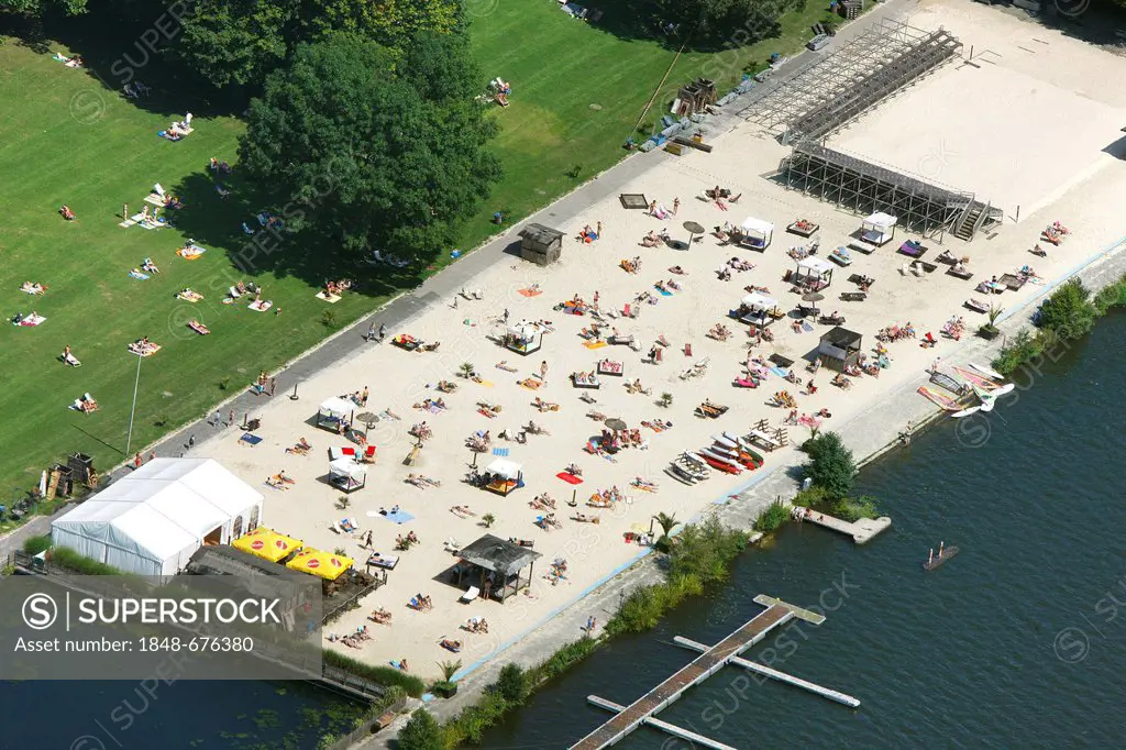 Aerial view, Ruhr River, sandy beach, SeasideBeach Baldeneysee, open-air bath, Essen, Ruhr area, North Rhine-Westphalia, Germany, Europe