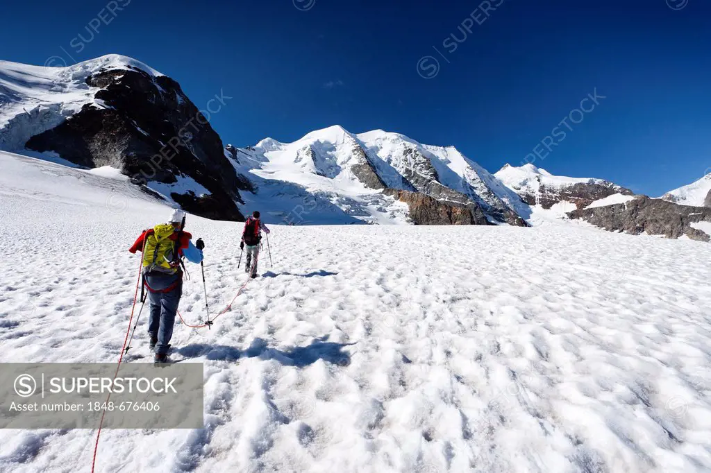 Climbers crossing Pers Glacier in front of Piz Palue, with Bellavista Mountain on the left and Piz Cambrena on the right, Grisons, Switzerland, Europe