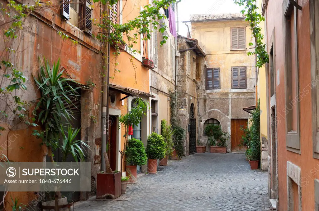 Romanic courtyard in the historic quarter of Trastevere, Rome, Lazio, Italy, Southern Europe, Europe