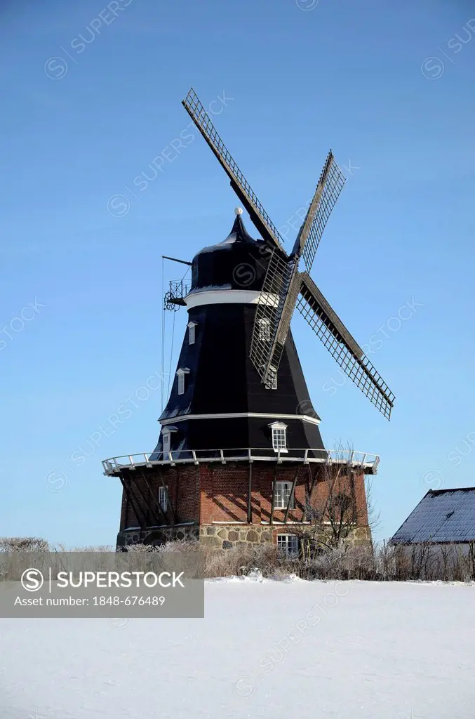 Windmill in winter, Krageholm, Skane, Sweden, Europe