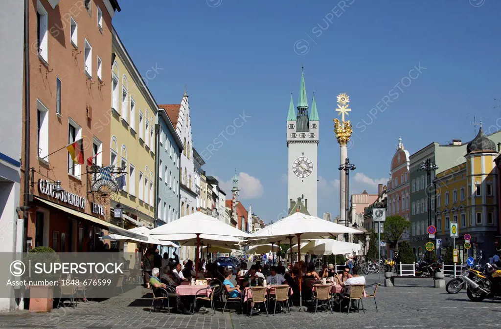 City tower, Holy Trinity Column, city square, Straubing, Bavaria, Germany, Europe