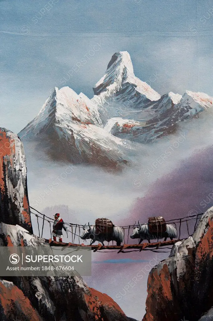 Painting, yaks on suspension bridge at Mount Ama Dablam, Himalayas, Art Gallery in Kathmandu, Nepal, Asia