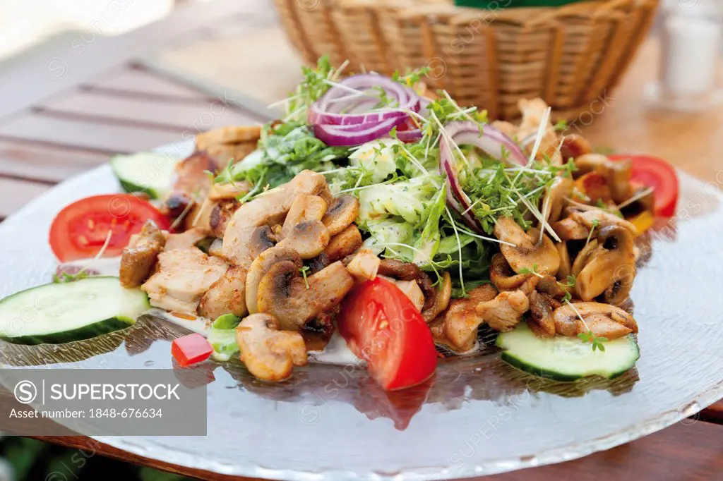 Salad with turkey strips and mushrooms