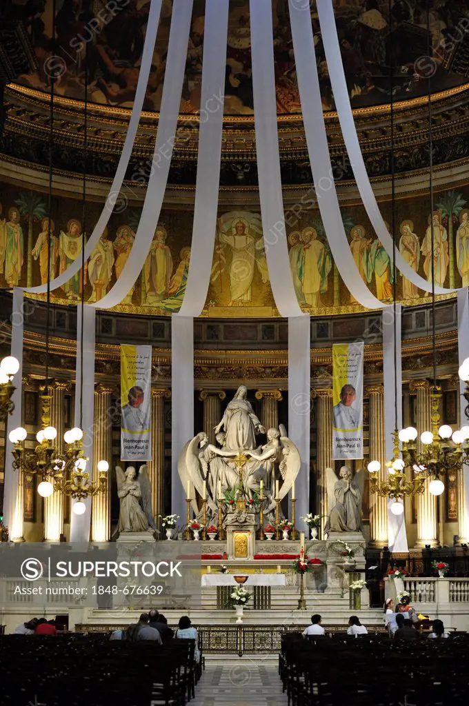 Interior, chancel with a statue of Mary Magdalene by Carlo Marochetti, church Église de la Madeleine or L'église Sainte-Marie-Madeleine, Paris, France...