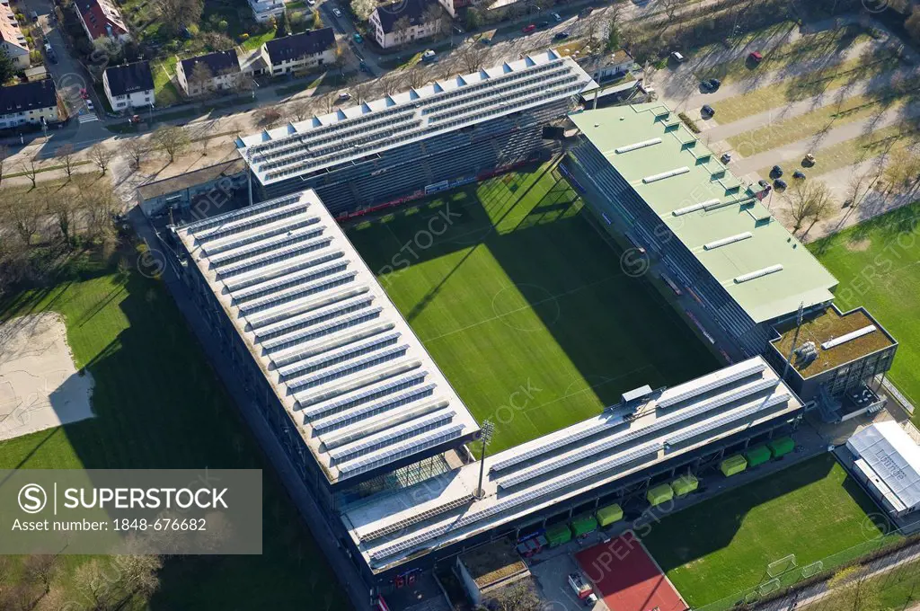 Aerial view, solar panels on the roof of Badenova-Stadion stadium, Freiburg im Breisgau, Baden-Wuerttemberg, Germany, Europe