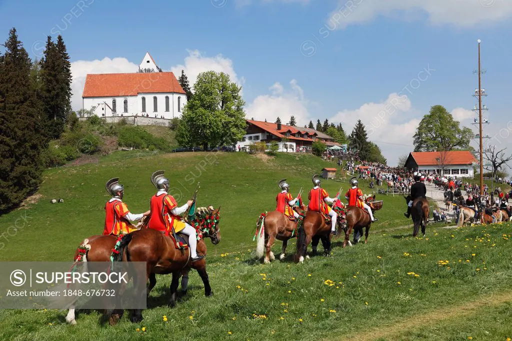 St. George's Ride horse pilgrimage, church of St. George, Auerberg, Bernbeuren, Allgaeu, Upper Bavaria, Bavaria, Germany, Europe