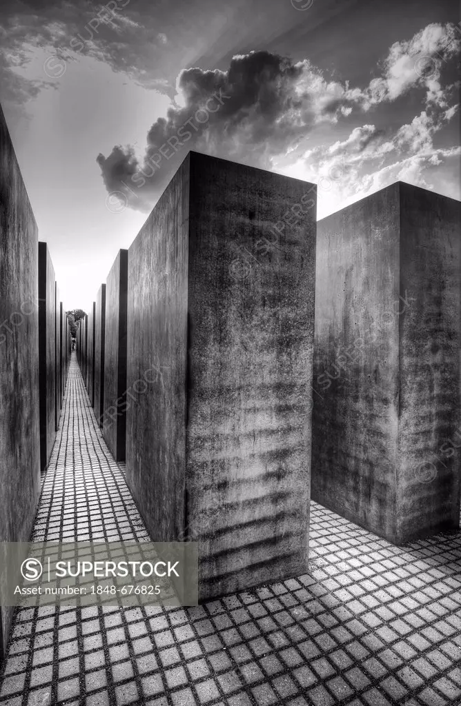 Black and white image of the stelae of the Holocaust Memorial designed by architect Peter Eisenman, Memorial to the Murdered Jews of Europe, Tiergarte...