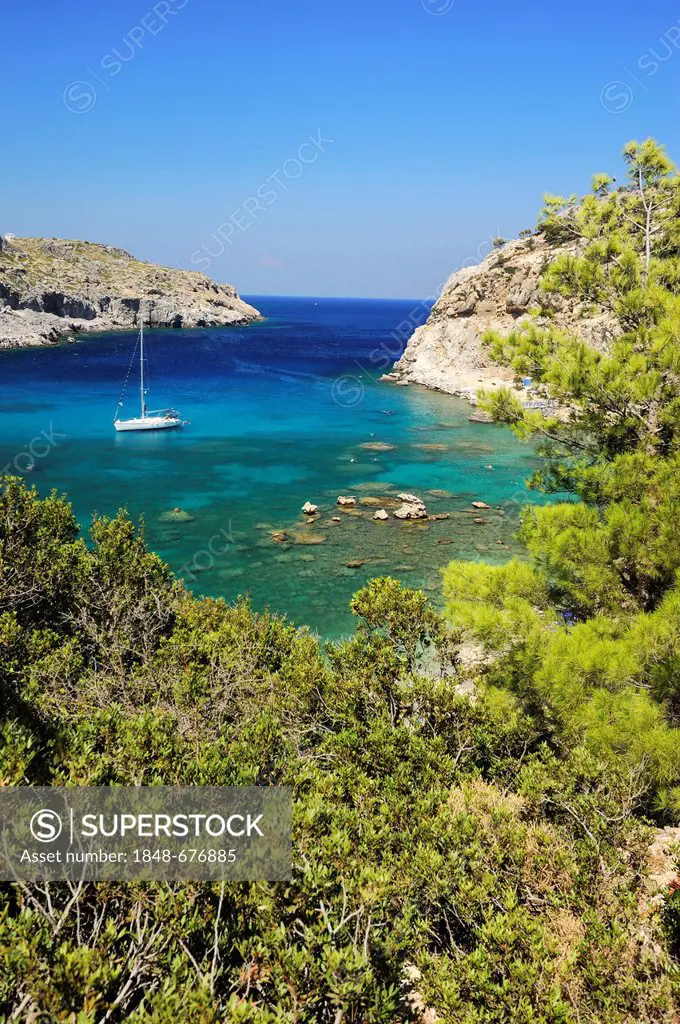 Anthony Quinn Bay with sailing ship, Faliraki, Rhodes, Greece, Europe