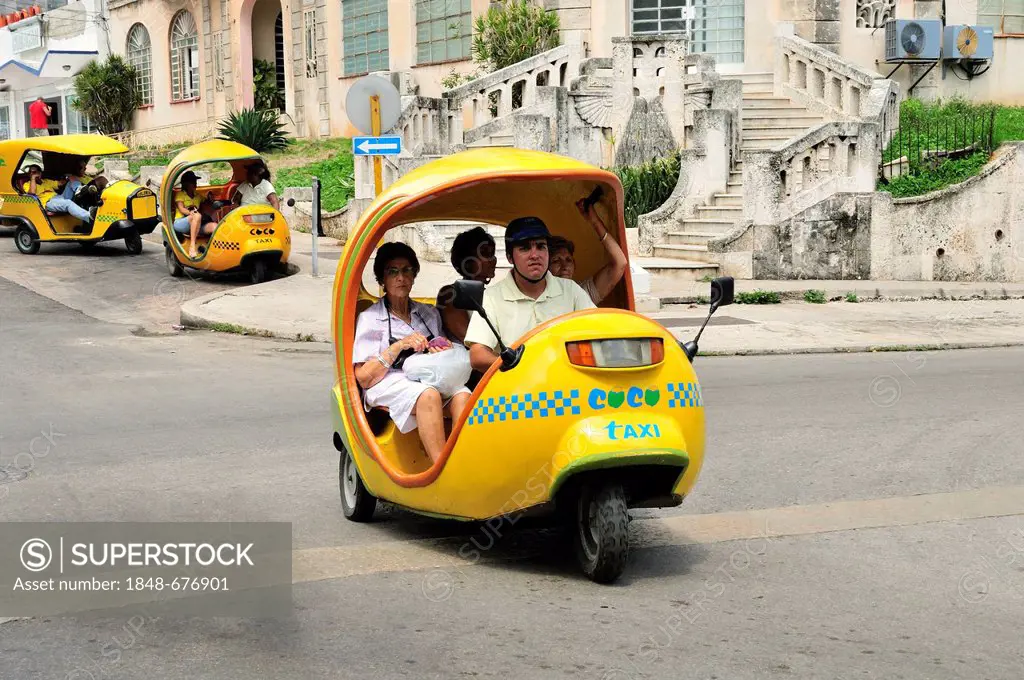 Coco-taxi in the old town Habana Vieja, Havana, Cuba, Caribbean