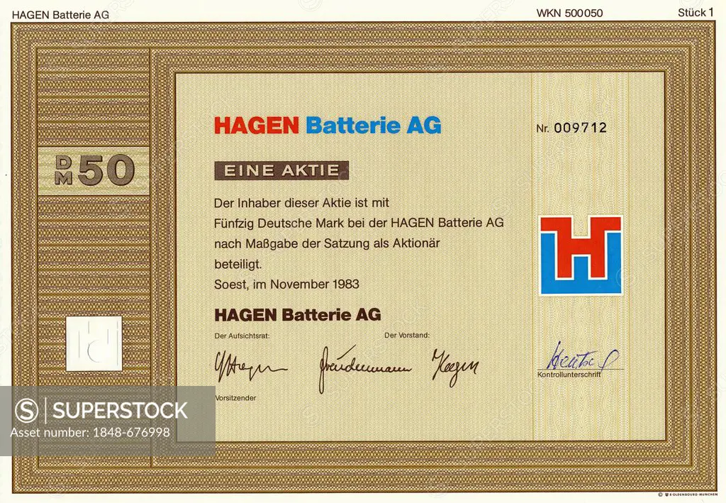 Historic share certificate, 50 DM, deutschmarks, Hagen Batterie AG, a former battery manufacturer, 1983, Soest, Germany, Europe