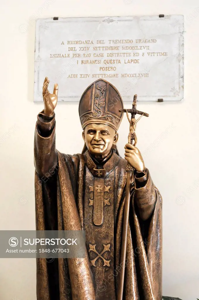 Statue of Pope John Paul II, Church of San Martino Vescovo, Burano, Venice, Veneto region, Italy, Europe