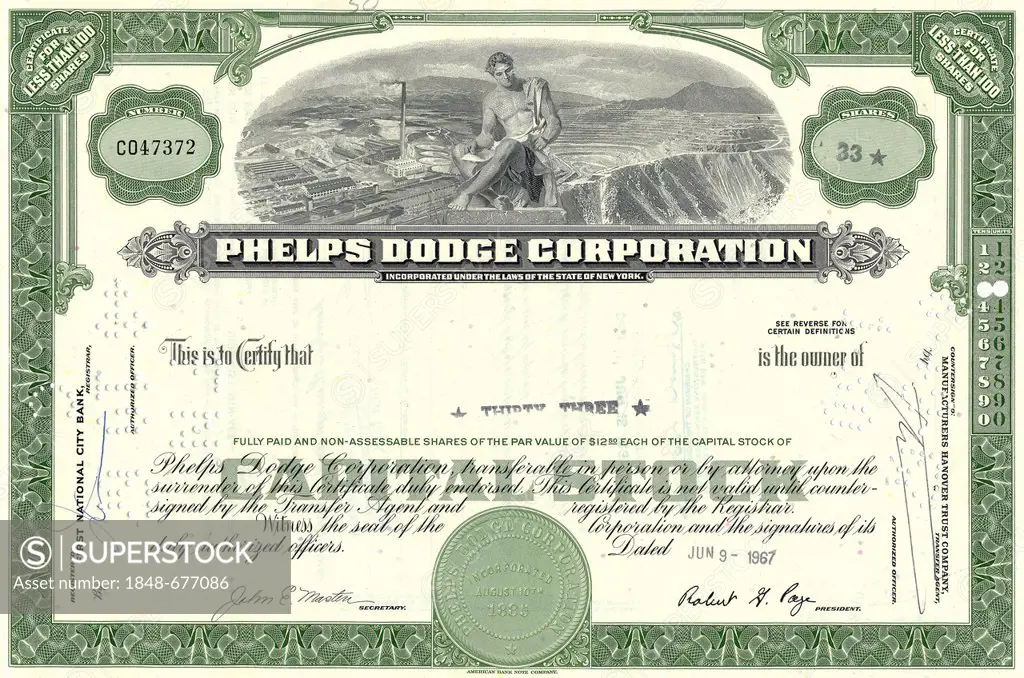 Historical stock certificate, Phelps Dodge Copper Mining Company, copper and molybdenum mining, copper wire manufacturers, timber products, now Freepo...