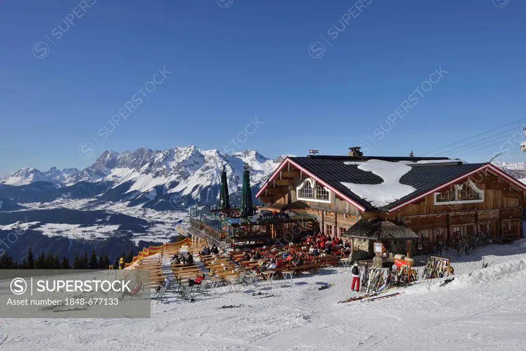 Schafalm restaurant and event venue, winter, winter sports resort, Plainai, Schladming, host city of the Alpine World Ski Championships 2013, Styria, ...