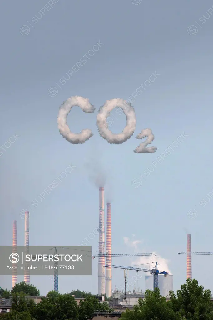 Industrial plant, cloud formation forming the lettering CO2, symbolic image for carbon dioxide emissions, illustration