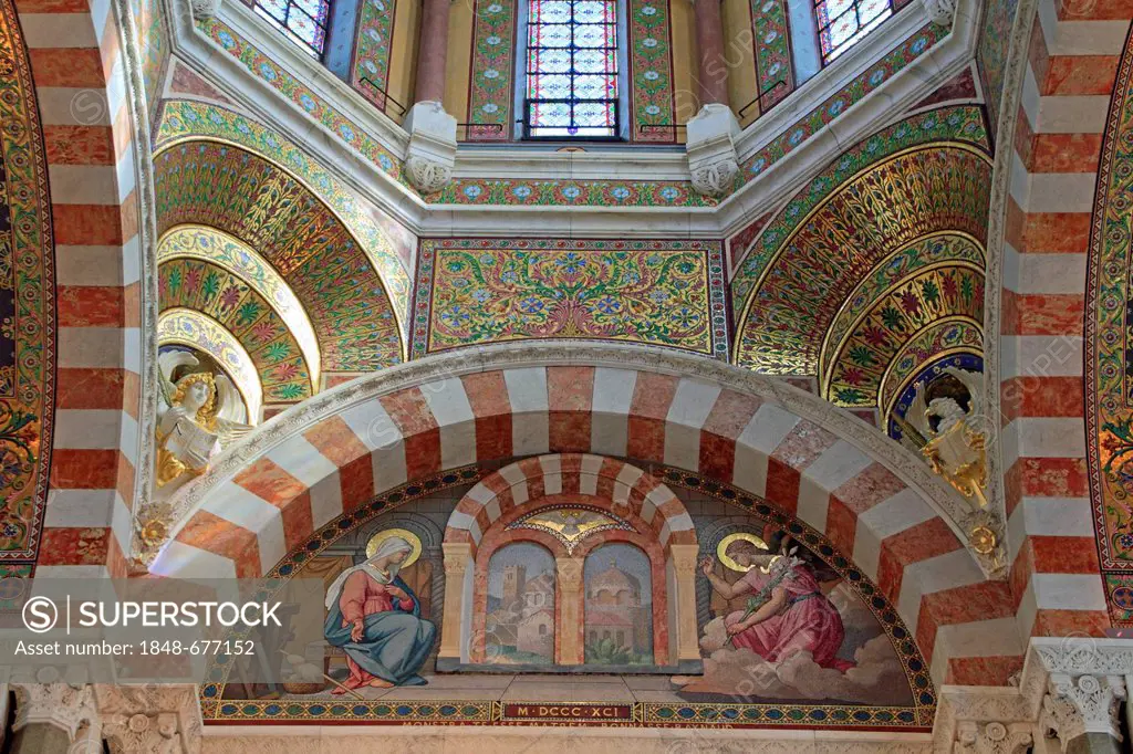 Mosaic of the Annunciation in the choir, church of Notre Dame de la Garde, Marseille, Bouches du Rhone, Provence-Alpes-Côte d'Azur region, France, Eur...