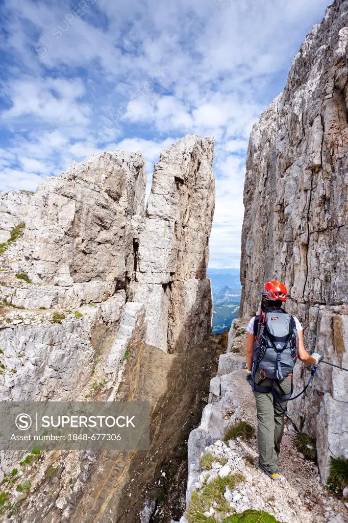 Climber crossing the Latemar massif, fixed rope route, Dolomites, South Tyrol, Italy, Europe