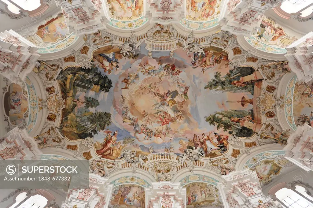 Interior, ceiling fresco, Wallfahrtskirche St. Peter und Paul pilgrimage church, built by the brothers Zimmermann 1728 - 1731, Steinhausen, Baden-Wuer...