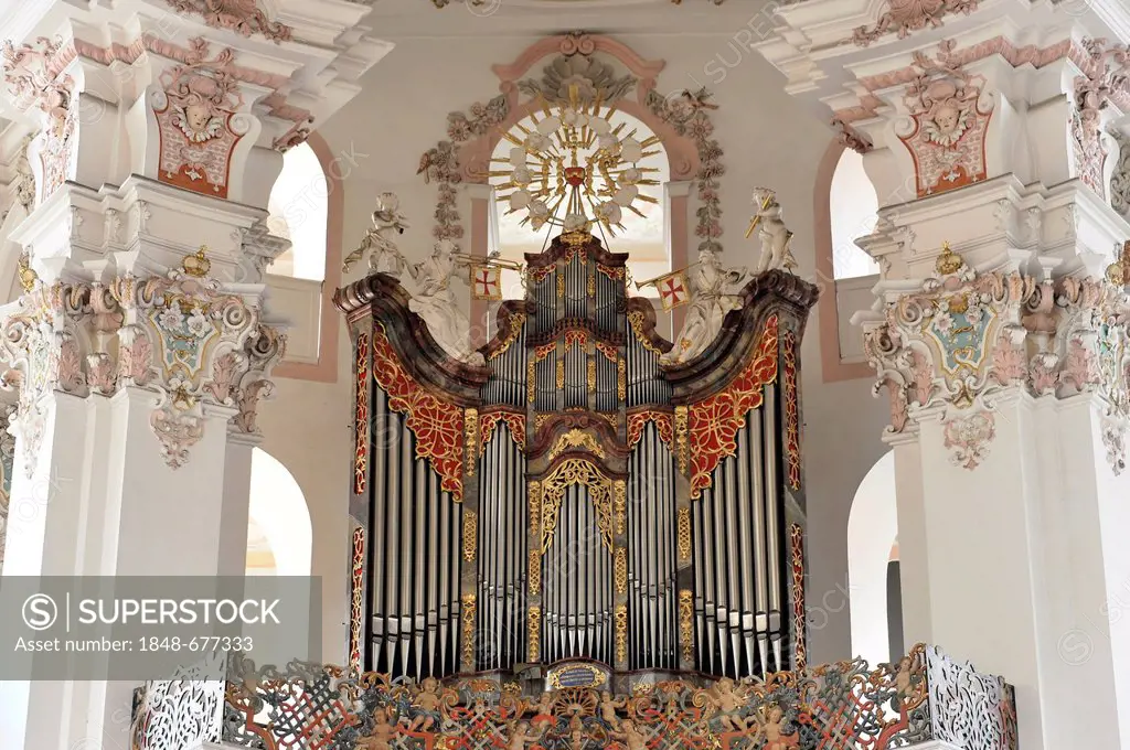 Detail, organ, Wallfahrtskirche St. Peter und Paul pilgrimage church, built by the brothers Zimmermann 1728 - 1731, Steinhausen, Baden-Wuerttemberg, G...