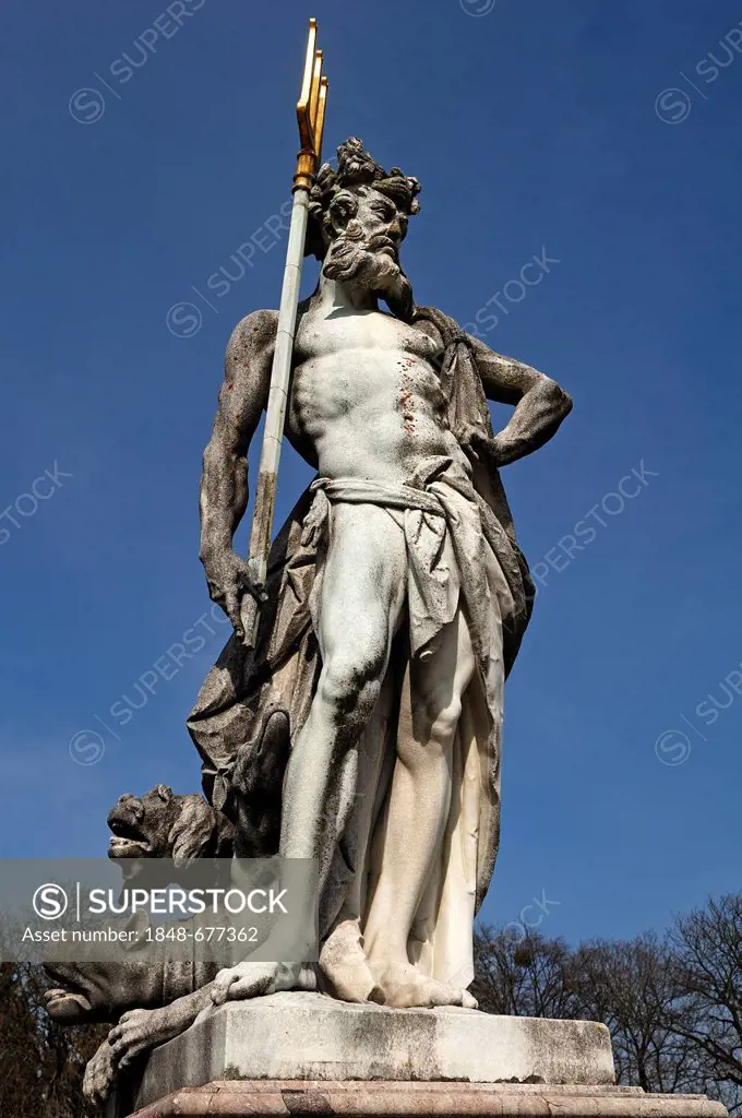 Sculpture of Hades, with Cerberus or Kerberos at his feet, Schloss Nymphenburg Palace, Schlossrondell, Munich, Bavaria, Germany, Europe