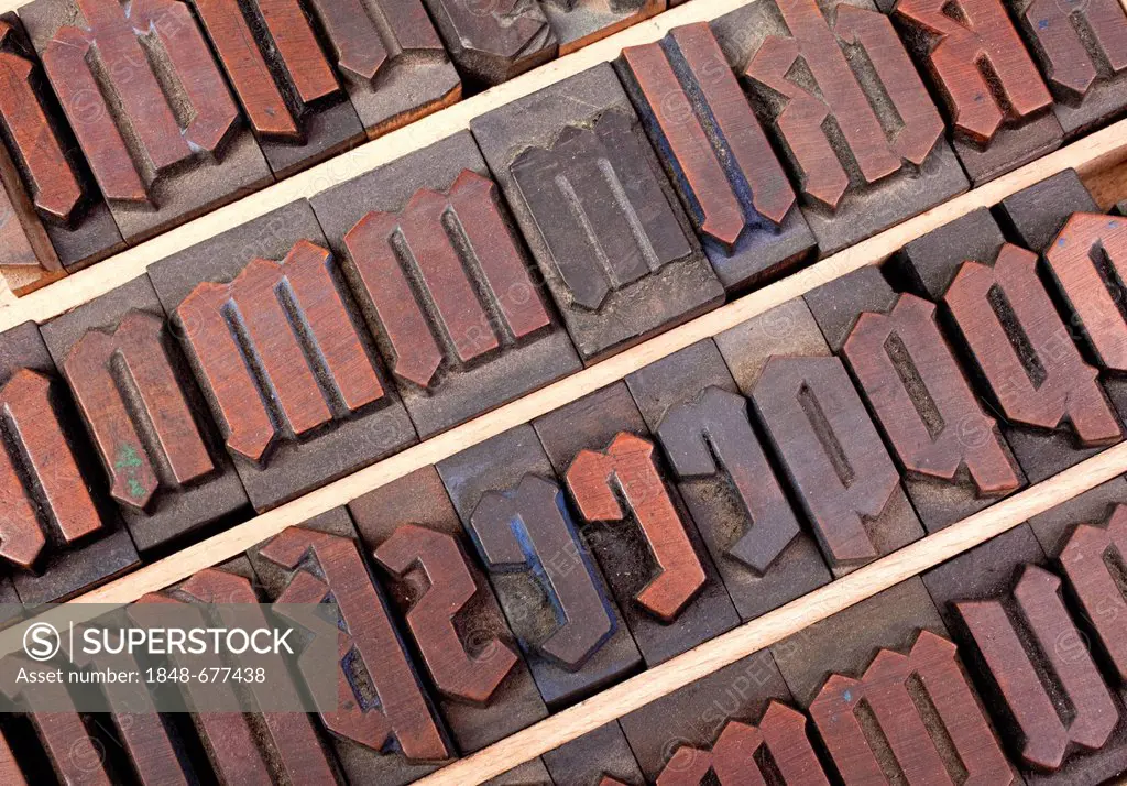 Old wooden letters for printing, type case with Gothic print, poster font