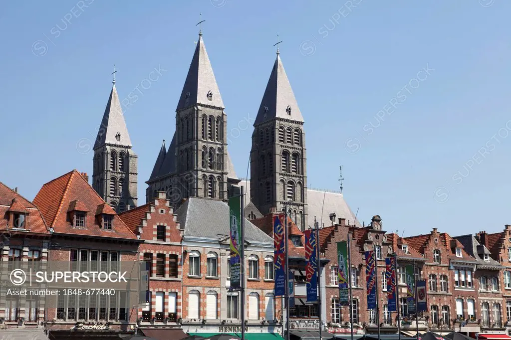 Grand Place with the cathedral Notre-Dame, built 1110-1325, UNESCO world cultural heritage site, Tournai, Province of Hainaut, Walloon Region or Wallo...