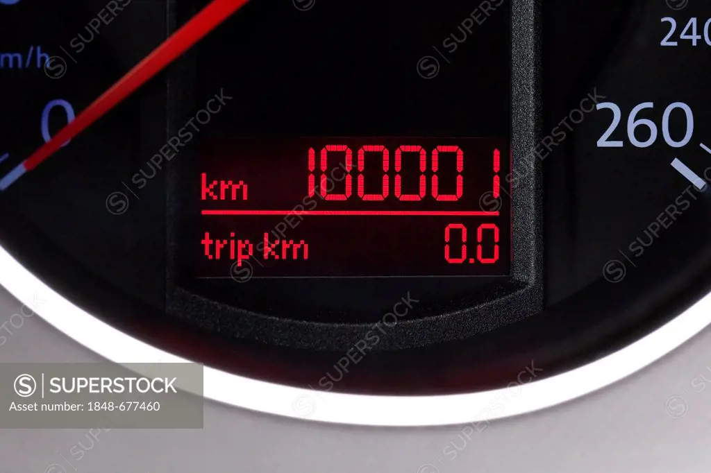 Speedometer, mileage of 100, 001 kilometers in the instrument panel in the cockpit of a Volkswagen, VW