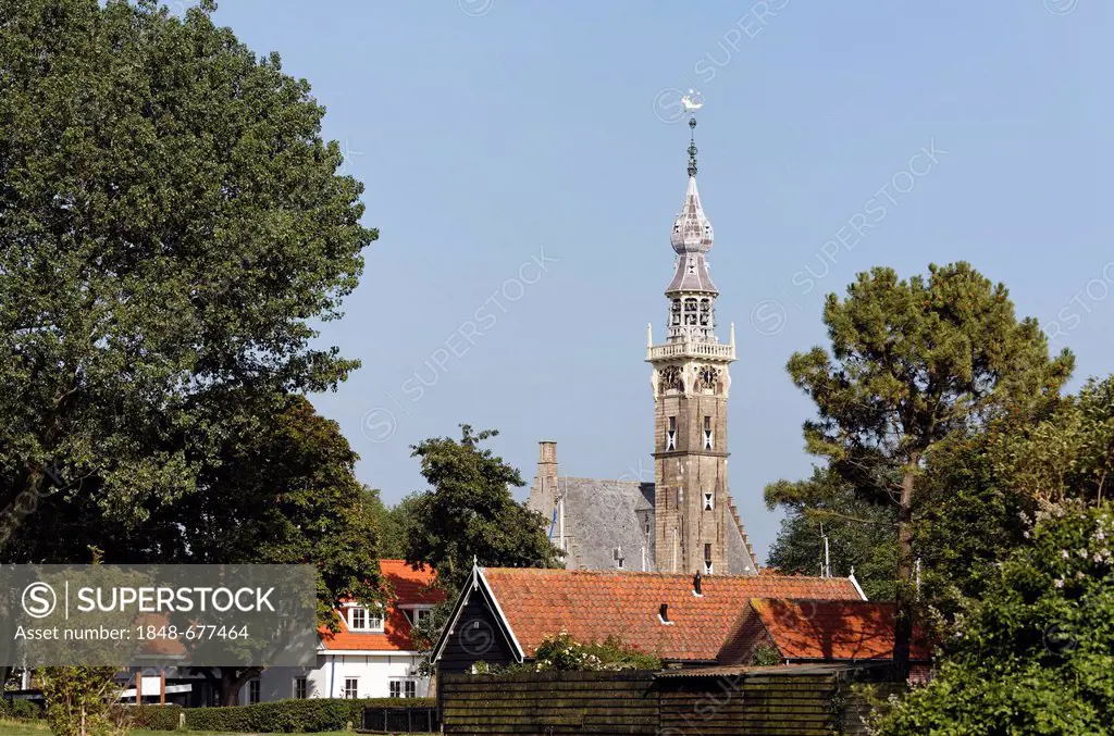 Late-Gothic town hall tower, Stadthuis town hall, historic town of Veere, Walcheren, Zeeland, Netherlands, Europe