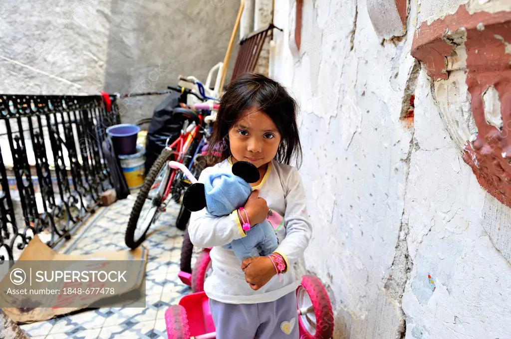 Indigenous girl with a stuffed animal, living with her community in a dilapidated house from the colonial period in the centre of Mexico City, Ciudad ...