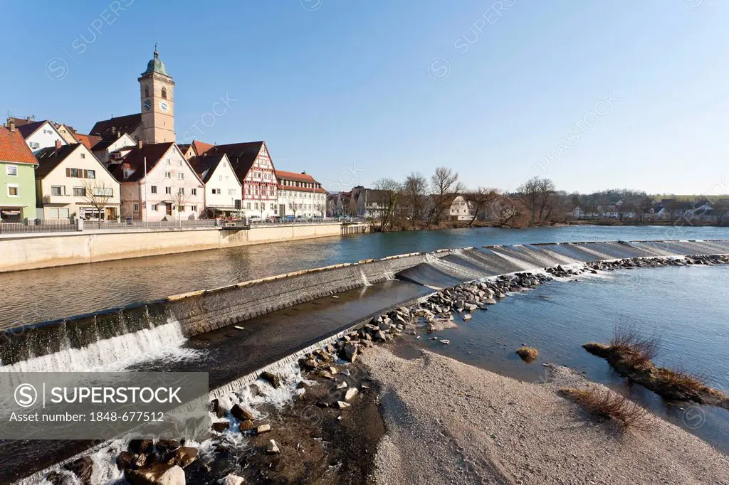 Neckar river, church of St. Laurentius, view on the old town, Nuertingen, Swabian Alb, Baden-Wuerttemberg, Germany, Europe