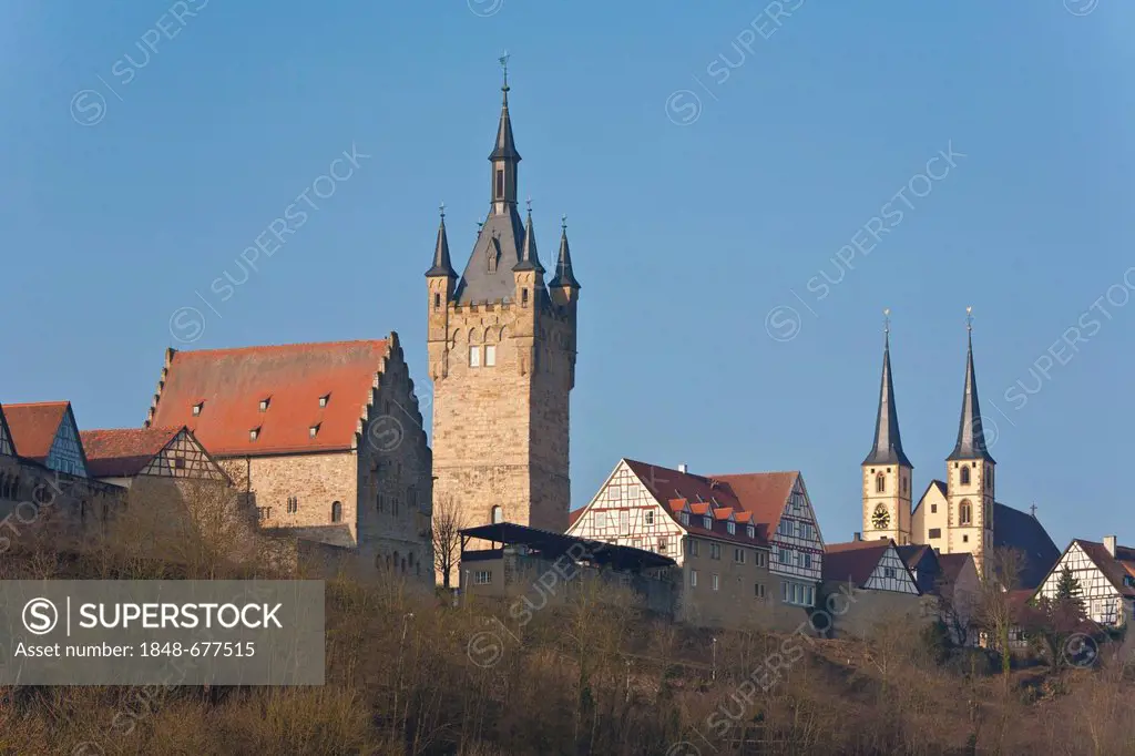 Blauer Turm tower, townscape of Bad Wimpfen, Baden-Wuerttemberg, Germany, Europe