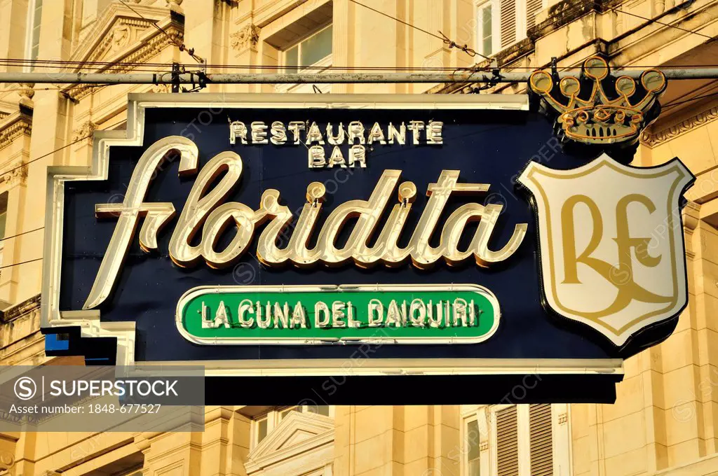Inn sign of the Floridita Bar, Hemingway's favorite bar in Old Havana, Habana Vieja, Havana, Cuba, Caribbean
